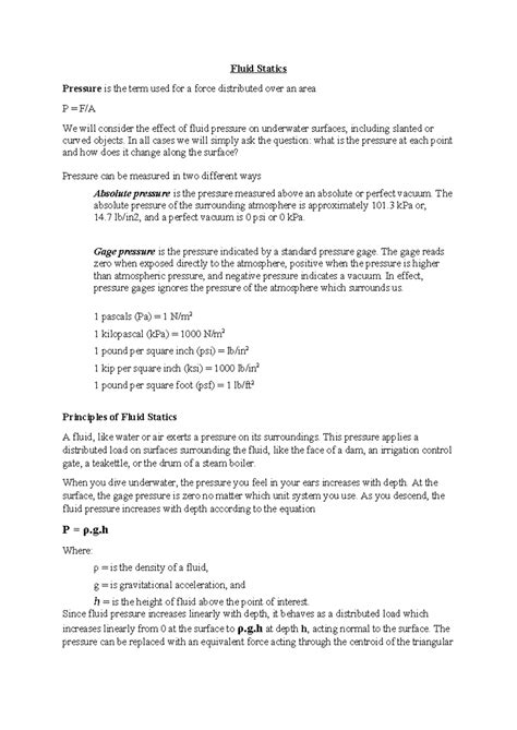 BSN-Fluid Statics basics - Fluid Statics Pressure is the term used for ...