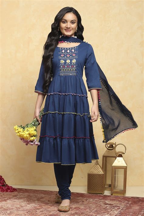 Buy Navy Blue Cotton Tiered Solid Suit Set Online at Biba India