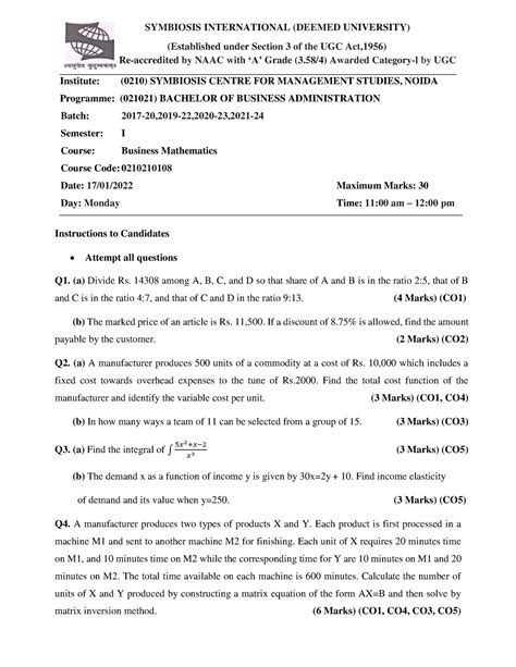 Business Mathematics sem 1 - SYMBIOSIS INTERNATIONAL (DEEMED UNIVERSITY ...