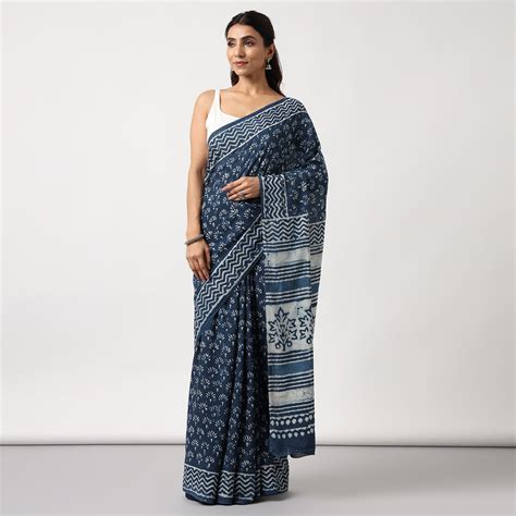 Indigo Muse - Dabu Bagru Hand Block Print Saree Made of Mulmul Cotton ...