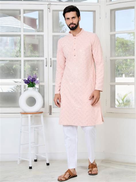 Peach Geometric Kurta Set Men | See Designs