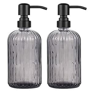 2 Pack Thick Grey Glass Jar Soap Dispenser with Matte Black Stainless ...