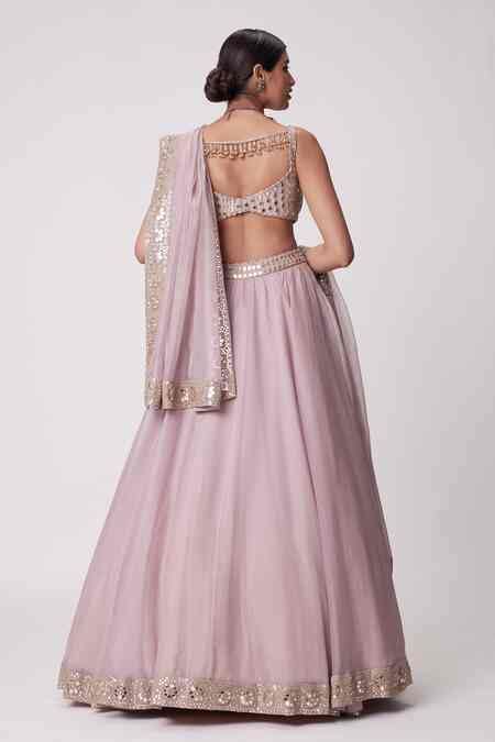 Buy Pink Georgette, Organza Beads, Placement Embroidered Lehenga And ...