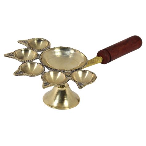 Buy STAGLINE Pure Brass Pooja Aarti Diya with Wooden Handle| Five Face ...
