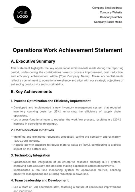 Free Operations Work Achievement Statement Template to Edit Online