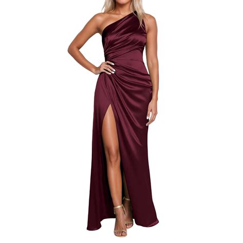 Red Wedding Guest Dress Elegant Formal Evening Gown One Shoulder Satin Slit Maxi Dress for ...