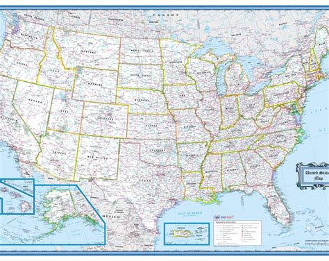 USA Wall Map Classic Blue Poster - 36"x24" Rolled Paper or Laminated ...
