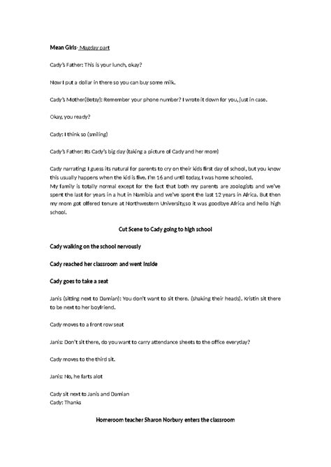 Mean-Girls-script - Mean Girls- Magday part Cady's Father: This is your ...