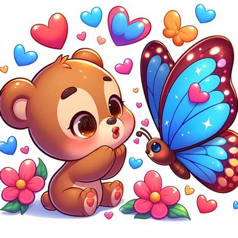 A Cute Chibi Bear Sitting and Blowing a Kiss To Adorable Butterfly ...