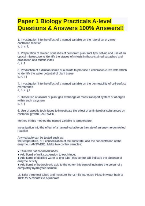 Paper 1 Biology Practicals A-level Questions & Answers 100% Answers ...