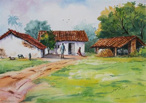 village scene painting ,village scenery painting ,village watercolor ...