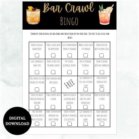 Bar Crawl Bingo | Fun Printable Game for Bachelorette Parties, Pub ...