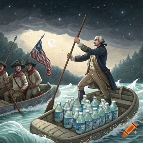 Illustration of George Washington crossing the Delaware river at night with soldiers and bottles ...