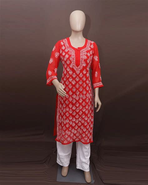 Red Georgette Chikankari Kurti With Mirror Work - Ethnic