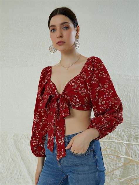 Women Red & White Floral Printed Sweetheart Neck Front Tie-Up Crepe ...