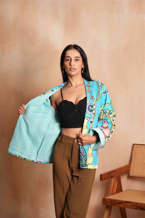 Buy Turquoise Handmade Peacock Cotton Kantha Jacket