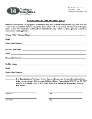 Fillable Online Commitment Letter Authorization - Torrington Savings ...