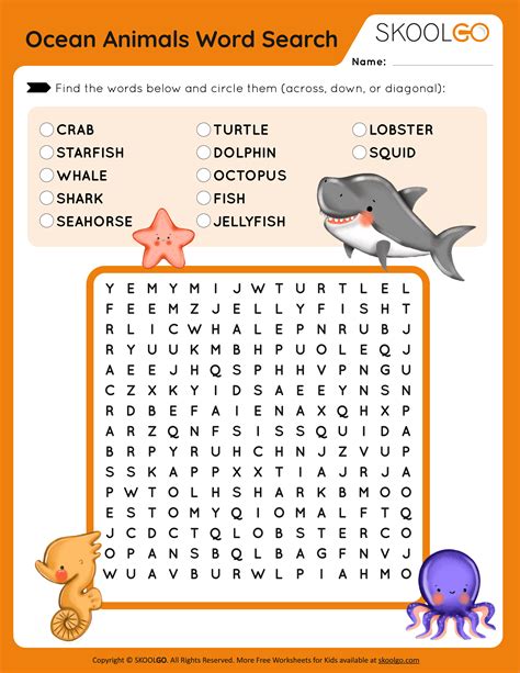 Ocean Animals Word Search - Free Game for kids - SKOOLGO