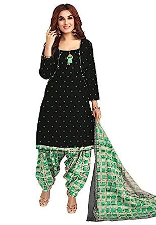 Buy S SALWAR STUDIO Women's Black & Green Cotton Printed Unstitch Dress ...