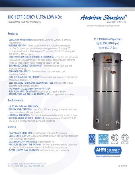 HE-100-250* - AMERICAN STANDARD WATER HEATERS Specifications and ...