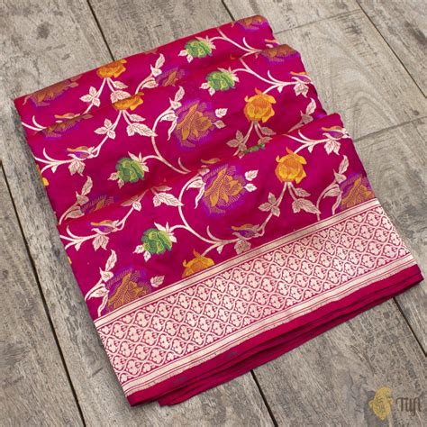 Red Rani Pink Pure Katan Silk Meena Floral Jaal Saree - Tilfi