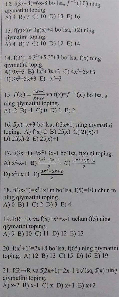 12. $f(3x+4)=6x-8$ bo`lsa, $f^{-1}(10)$ ning | StudyX
