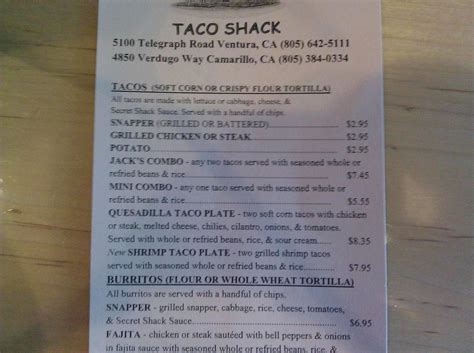 Menu at Snapper Jacks Taco Shack restaurant, Ventura, Telegraph Rd