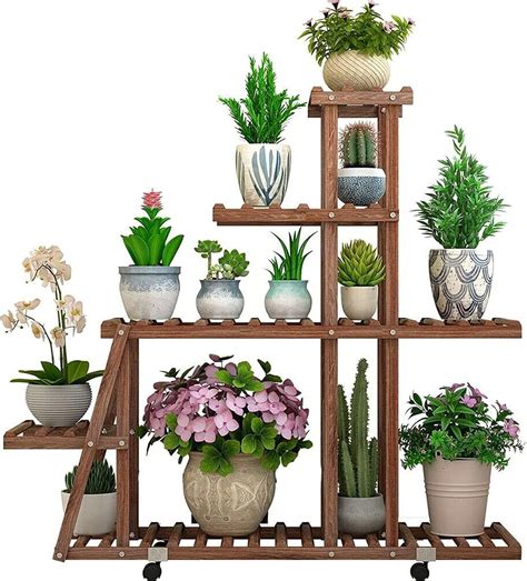 Buy Outdoor Plant Stand Rack with Wheels Wooden Indoor Plant Shelf ...