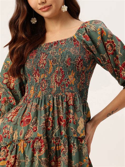 Teal Floral Printed Cuffed Sleeves Dress – Amukti - The Women's Ethnic ...