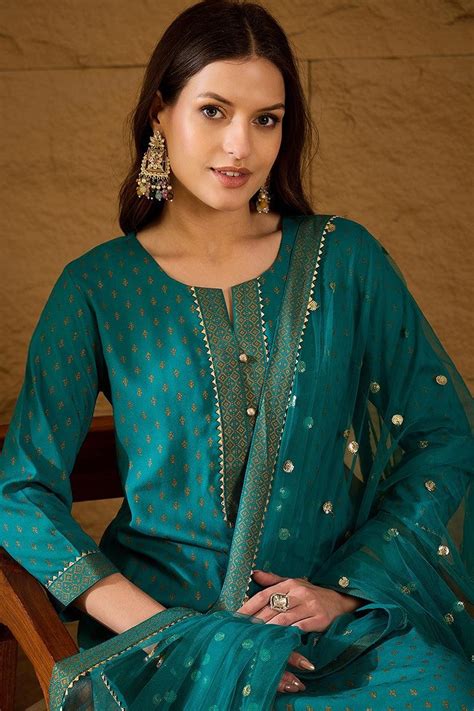Buy Teal Viscose Rayon Ethnic Motifs Printed Straight Suit Set | Vaamsi