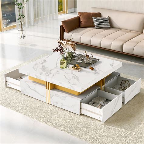 Amazon.com: LUMISOL White Marble Coffee Tables for Living Room, Square Coffee Table with 4 ...