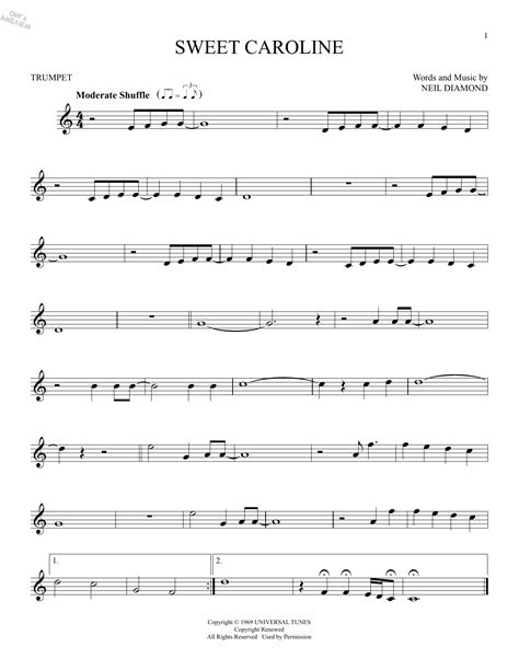 Sweet Caroline by Neil Diamond Sheet Music for Trumpet Solo at Sheet ...