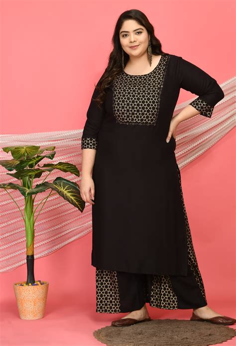 Plus Size Embellished Black & Gold Kurta Sharara Set – DESINOOR.COM