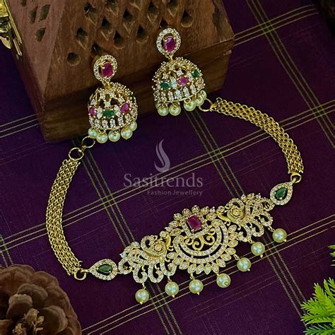 Gorgeous Peacock Motifs Temple Gold Plated Pearl Choker AD Necklace Set ...