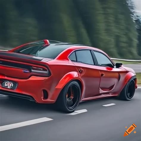 Dodge charger hellcat wide body on a busy highway on Craiyon