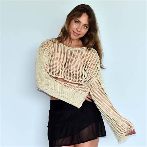 Crochet Top Boho Solid Hollow Knit See Through Top Sweater, Rave Outfit ...