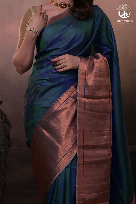 Bhadra - Teal Blue Plain Handwoven Silk Saree With Copper Zari Border ...