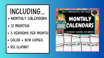 Monthly Calendars for PreK, TK, UTK, Kindergarten, First Grade Back to ...