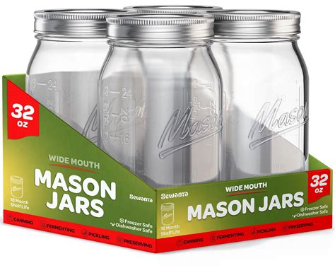 Amazon.com: SEWANTA Wide Mouth Mason Jars 32 oz [4 Pack] With mason jar ...