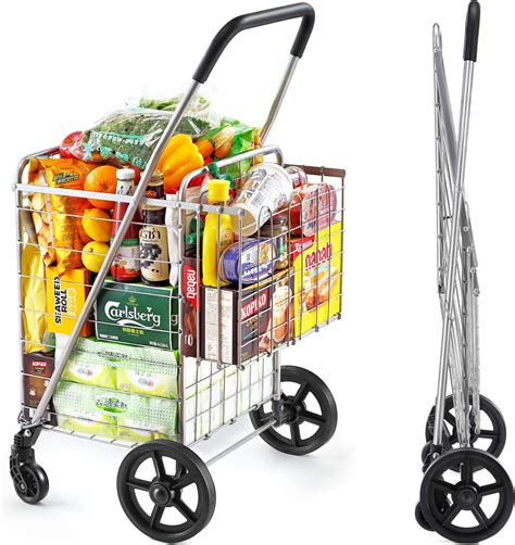 Wellmax Metal Grocery Shopping Cart with Wheels for Groceries, Folding ...