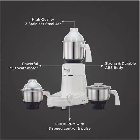 Preethi Chef Pro Mixer Grinder, 750 watt, 3 Jars, White MG-128