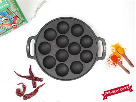 Paniyaram Pan - Cast Iron - Full Flat Base - 12 Pit . – Rosh Cookwares
