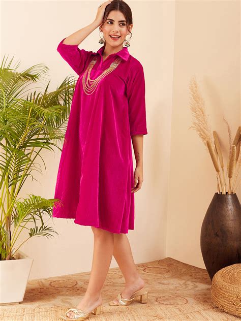 Fuchsia Velvet Collared Neck Flared Midi Dress - InWeave