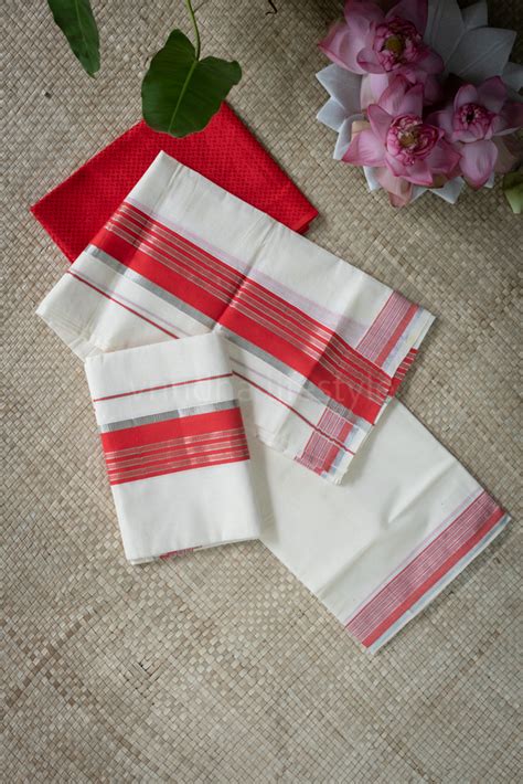 KERALA KASAVU SET MUNDU-chili red /silver – Vrindha Lifestyle