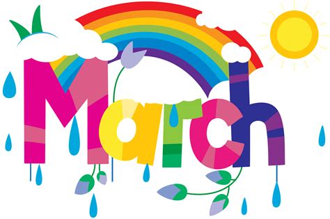 A clipart-style illustration featuring the word 'March' with a cute ...