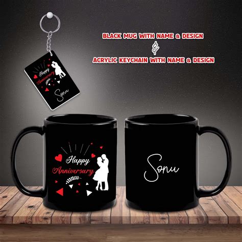Anniversary Combo – Black Mug & Keychain with Happy Anniversary Quote