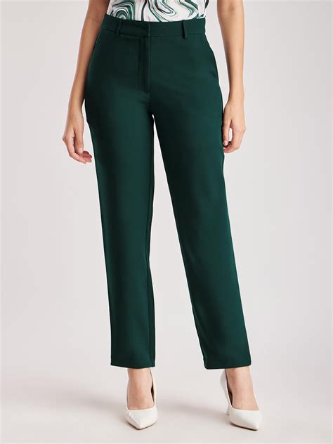 Buy Bottle Green Straight Fit Mid Rise Trousers Online | FableStreet