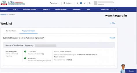 Dashboard and Worklist (Taxpayer) on Income Tax Website
