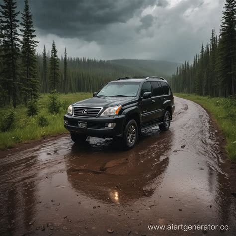 Lexus GX 470 Driving Through Mountain Taiga in Heavy Downpour with Dark Clouds | AI Art Generator