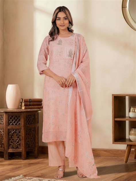Buy Blended Silk Floral Straight Peach Kurta, Trousers & Dupatta ...